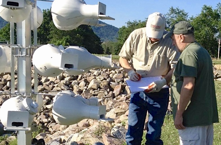 two men check a Purple Martin nest gourd
