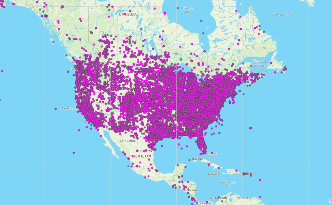 a map with thousands of purple dots marking where nests have been reported.
