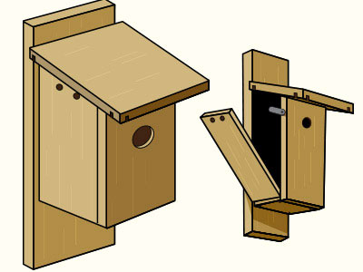 Dos cajas nido de madera. Uno tiene una puerta abierta.